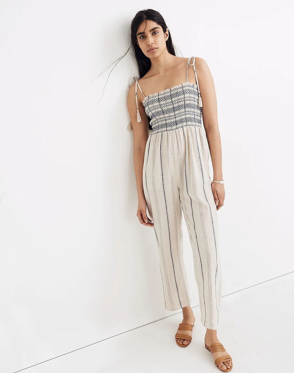 Madewell Jumpsuit Smocked Cami Linen Striped Summer Coastal Neutral Cream Gray